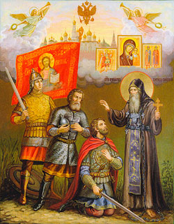 Преподобный Иринарх благословляет Кузьму Минина и Дмитрия Пожарского