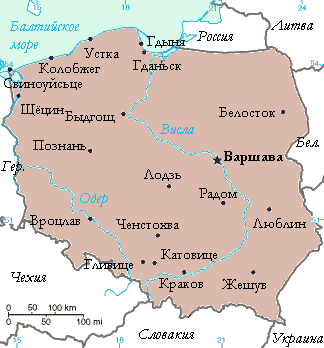 На карте Польши показан г. Вроцлав - историческая столица Силезии 