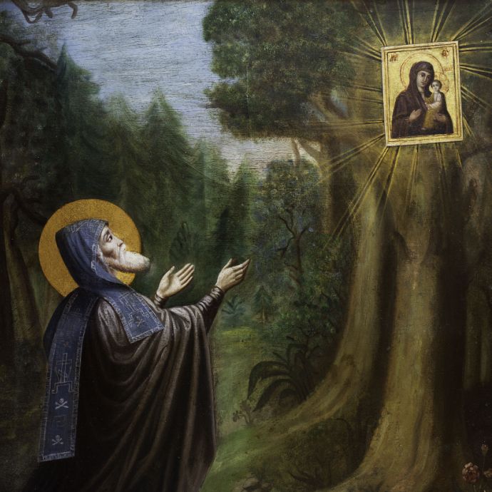 Схимонах Дорофей перед чудотворной иконой