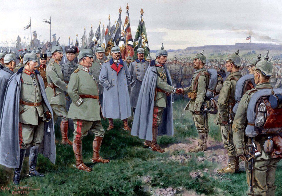 Император Вильгельм II награждает немецких солдат, отличившихся при штурме Новогеоргиевска, 1915 г.