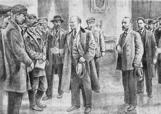 Н.С.Чхеидзе встречает вернувшегося из эмиграции В.И. Ленина, апр. 1917