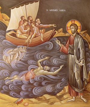 Икона "Чудесный улов рыбы" работы Георгия Кордиса. Фреска монастыря в честь Пресвятой Богородицы в Клейди