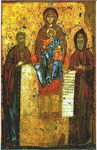 Икона "Богоматерь Печерская (Свенская) с предстоящими Феодосием и Антонием". 1288 (?), ГТГ