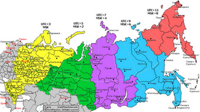 Примерная карта часовых поясов России с 5 часовыми поясами