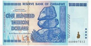 Банкнота Зимбабве достоинством 100 000 000 000 000 миллиардов зимбабвийских долларов