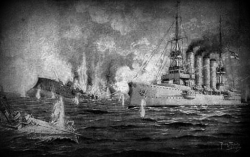Бой немецкого крейсера *Эмден* с французским миноносцем. На заднем плане - тонущий крейсер *Жемчуг*