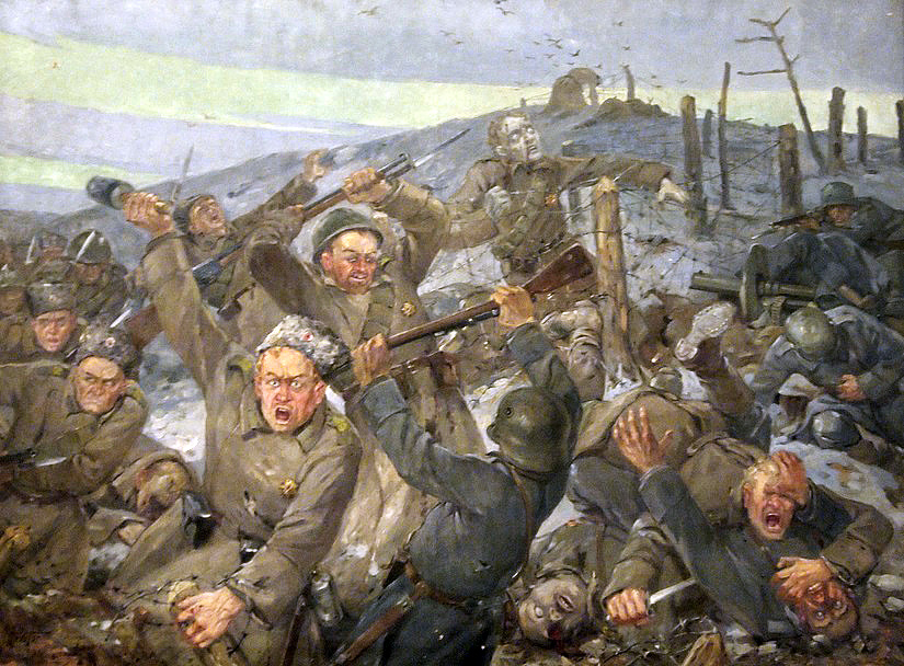 Битва латышских стрелков с немцами на пулеметной горке, 1916 год, художник А.Апситис (1930)