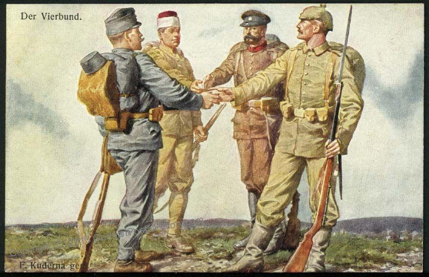 Немецкая открытка, изображающая солдат Германии, Австро-Венгрии, Турции и Болгарии
