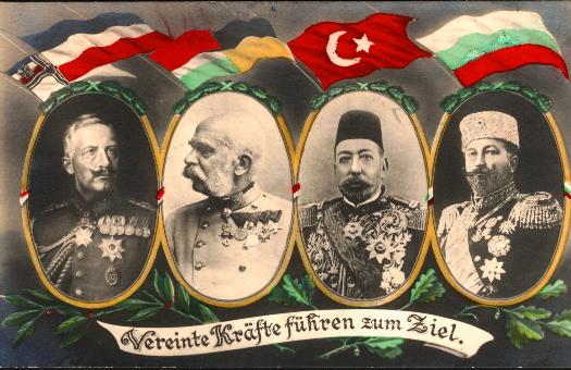 Слева направо: Вильгельм II, Франц Иосиф I, Мехмед V, Фердинанд I