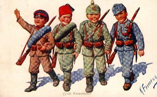 Немецкая открытка, изображающая солдат Болгарии, Турции, Германии и Австро-Венгрии