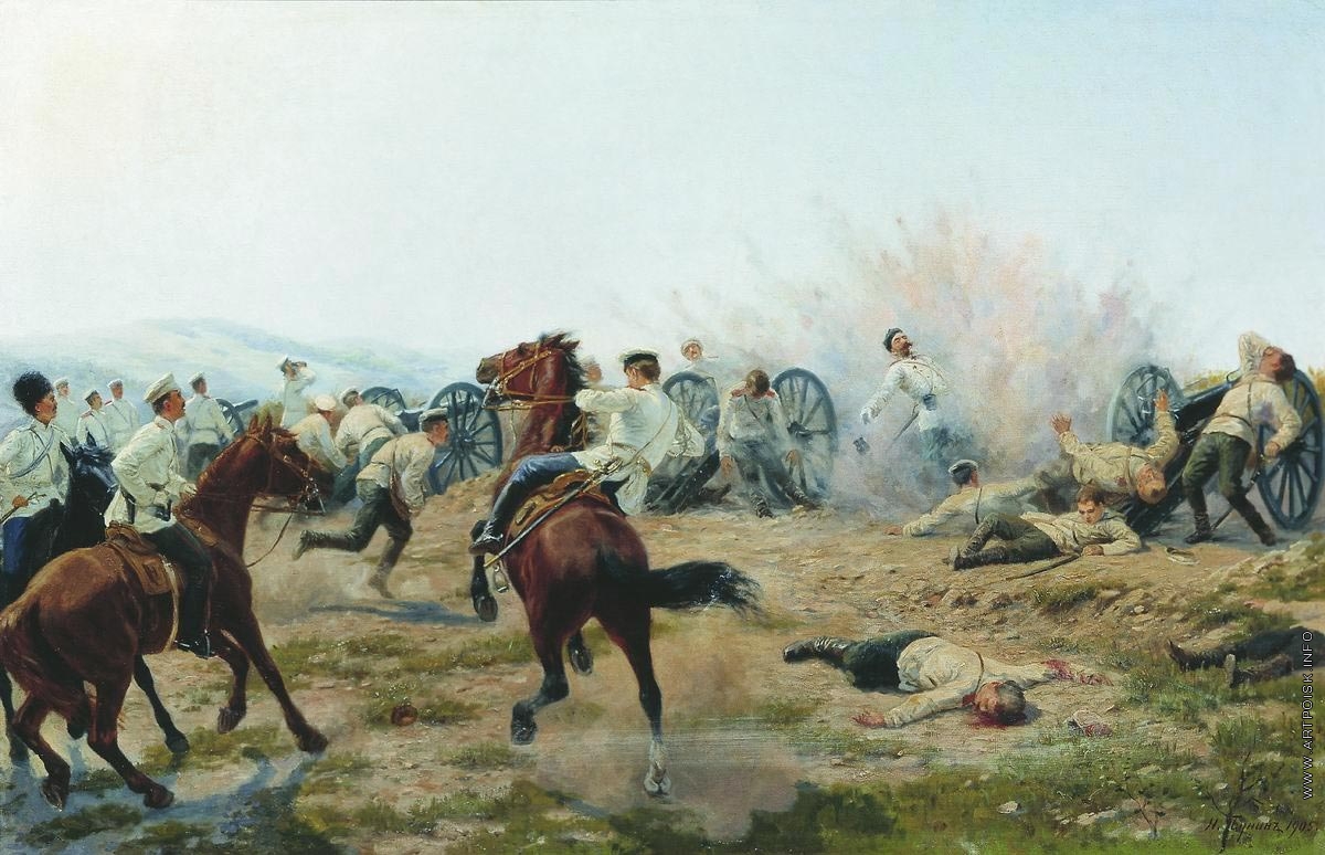 Н. Н. Бунин *Смерть генерала Келлера во время боя на Янзелинском перевале. 1904 год.*, 1905