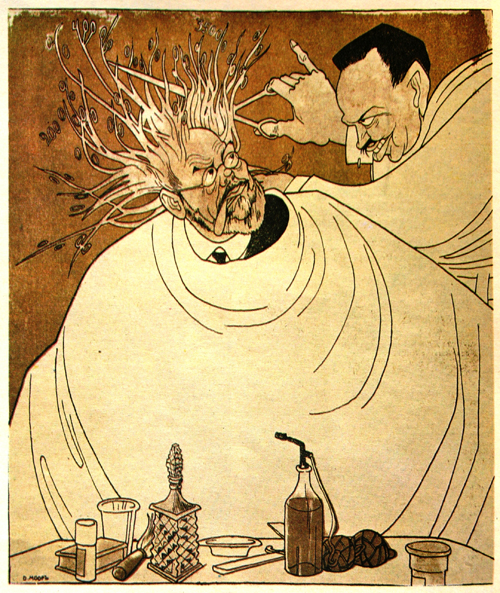 Карикатура Д. Моора *Стрижка процентов*. Клиент — миллионер П. Рябушинский. 1917